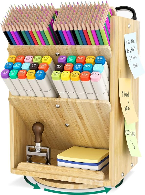 Photo 1 of  Bamboo Desk Organizer Storage Accessories - Ultra-large 13 compartments, 1000+ Pencil Holder Capacity, Easy DIY Assembly, Rotating Desktop Organizer, Cosmetics, and Office Supplies