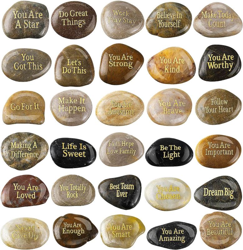Photo 1 of 50 Pcs Inspirational Stones Different Words Encouragement Engraved Rocks Bulk Garden Stepping Stones Outdoor Scripture Stones Gift Stones for Friends Family as Christmas Gift 1"-2" Each