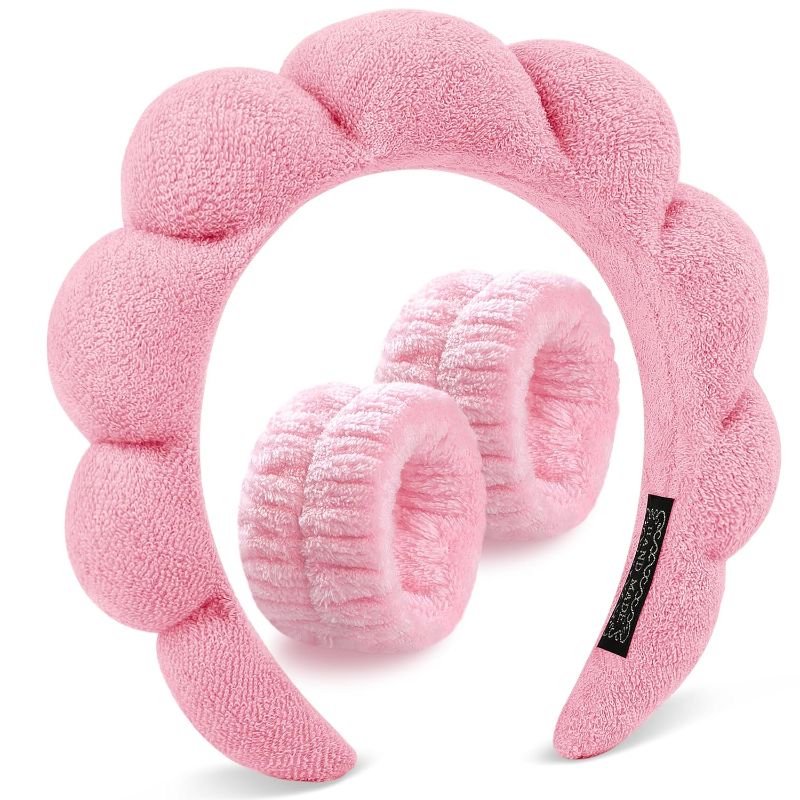 Photo 1 of 2 pack Spa Headband For Washing Face Wristband Set, Skincare Makeup Headbands For Women, Bubble Make Up Headbands Teen Girl Gifts, Terry Cloth Puffy Hairband Get Ready Hair Accessory(Pink)