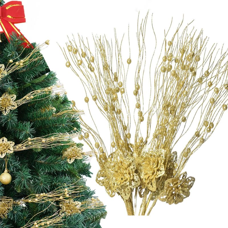 Photo 1 of Limited-time deal: FuleHouzz 10pcs Glitter Berry Poinsettia Stem Ornaments, Gold Artificial Christmas Tree Picks with Christmas Flowers for Xmas Tree Decorations Gift Vase Home Wedding Holiday Party Decor 