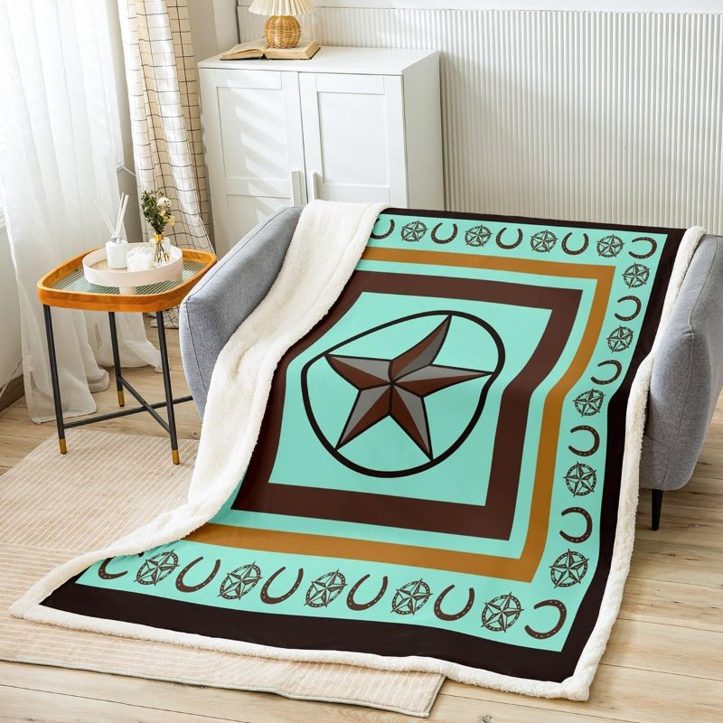 Photo 1 of Feelyou Western Fleece Throw Blanket for Kids Boys Girls Rustic Country Plush Blankets and Throws Southwestern Sherpa Fuzzy Blanket Teal 60"x80"
