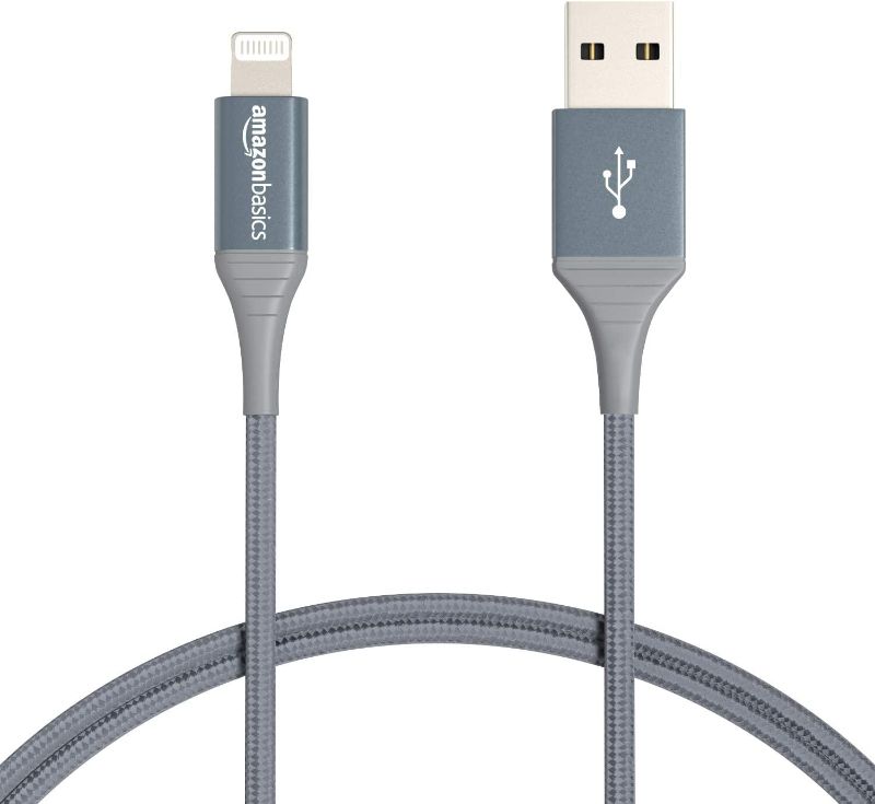 Photo 1 of Amazon Basics USB-A to Lightning Charger Cable, Nylon Braided Cord, MFi Certified for Apple iPhone 14 13 12 11 X Xs Pro, Pro Max, Plus, iPad, 10,000 Bend Lifespan, 6 Foot, Dark Gray
