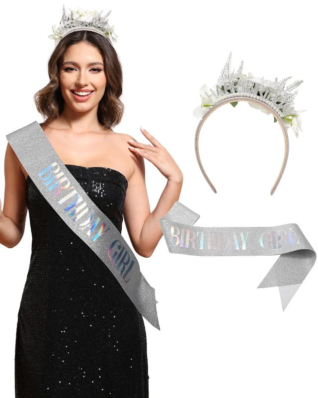 Photo 1 of AWAYTR Birthday Girl Sash with Happy Birthday Headband for Women Girls Birthday Sash and Flower Crown Princess Crown Rhinestone Happy Birthday Accessories (Silver)
