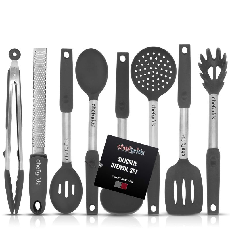 Photo 1 of CHEF GRIDS Silicone Kitchen Utensil Set - 8 Pcs Non-Stick Heat Resistant Silicone Cooking Utensils Set - Kitchen Utensils Set, Zester, Tong, Skimmer, Slotted, Spatula Spoons, Pasta Server, Soup Ladle- STOCK PHOTO FOR REFERENCE ONLY. HANDLES ARE RED. 