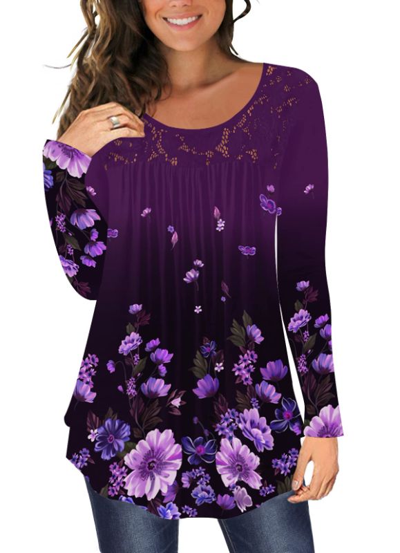 Photo 1 of BeadChica Women's Casual Tunic Tops For Leggings Long Sleeve Flare Loose TShirts Flowy Lace Blouses Purple Flower XL