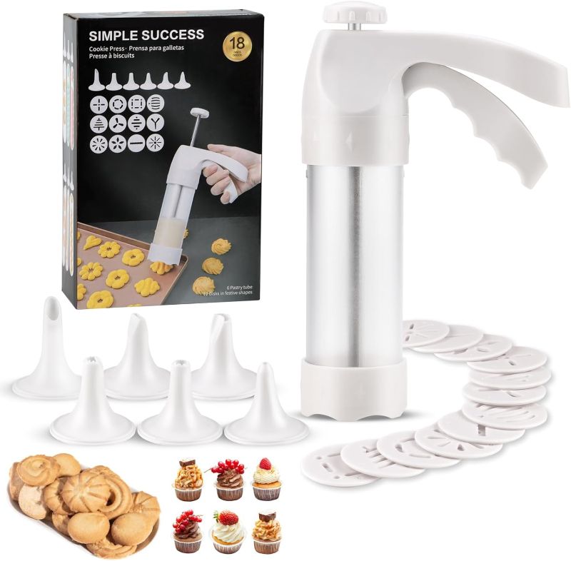 Photo 1 of Dacono Cookie Press for Baking, Spritz Cookie Press, Cookie Press Gun Kit with 12 Cookie Press Discs and 6 Icing Tips, for DIY Biscuit Maker, Cake Icing Decoration,White