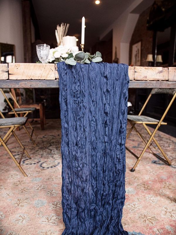 Photo 1 of LS Designs Premium Polyester Farmhouse Boho Table Runner 3 ft x 15 ft (36 inches x 180 inches) Knitted Edge for Wedding, Bridal Shower, Drapery, Table Runners (Navy Blue, 1)