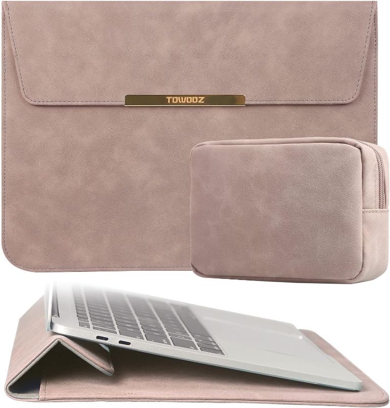 Photo 1 of TOWOOZ 13.3 Inch Laptop Sleeve Case Compatible with 2016-2020 MacBook Air/MacBook Pro 13-13.3 inch/iPad Pro 12.9 / Dell XPS 13/ Surface Pro X, PU Leather Bag (13-13.6 Inch, Pink)