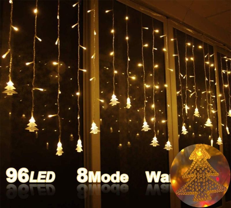 Photo 1 of DragonHL Curtain String Lights Christmas Curtain Lights,8 Modes,96 LEDs 3.5M Christmas and Halloween String Lights for Home,Office,Party,bar,Holiday,Party (Warm White)