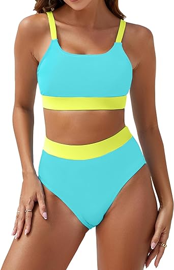 Photo 1 of Bluetime Bikini Set for Women Scoop Neck Color Block High Waisted Bathing Suit 2 Piece Sporty Cheeky Swimsuit