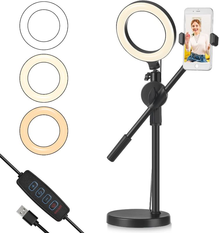 Photo 1 of Overhead Phone Mount Ring Light Holder,Stand with 3 Light Modes 6" LED Ring Light,Adjustable Height and Angle with Stable Round Base,Perfect for Product Live Streaming Shop(36-52CM) HG635 