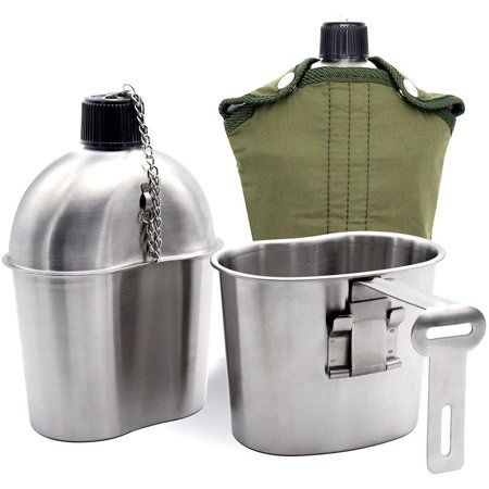 Photo 1 of ELK Stainless Steel Military Canteen and Cup with Green Cover for Camping Hiking Backpacking Hunting Fishing and Outdoor Adventures