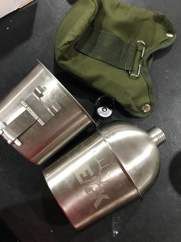 Photo 3 of ELK Stainless Steel Military Canteen and Cup with Green Cover for Camping Hiking Backpacking Hunting Fishing and Outdoor Adventures