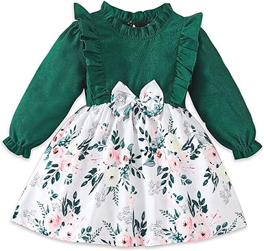 Photo 1 of PATPAT Toddler Girls Floral Print Bowknot Dress Toddler Long Sleeves Spring Dress 3-4 Years 