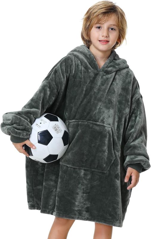 Photo 1 of Aemilas Wearable Blanket Hoodie, Oversized Flannel Blanket Sweatshirt with Hood Pocket and Sleeves,Cozy Soft Warm Plush Hooded Blanket for Kids Youth Boys Girls, One Size Fits All (Dark Grey),big kid