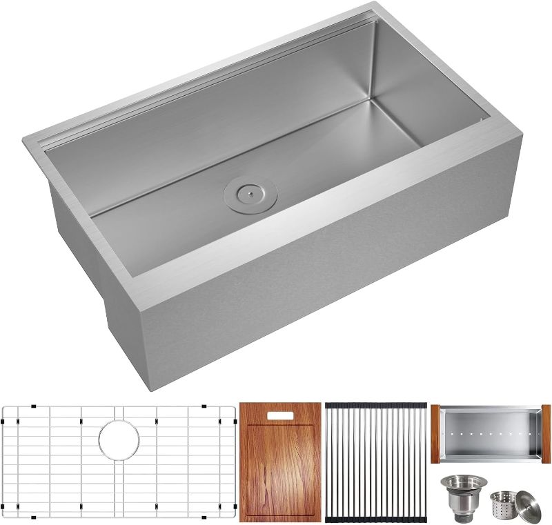 Photo 1 of 33 inch Workstation Farmhouse Sink - TECASA Flat Apron Front 16 Gauge Stainless Steel Kitchen Sink, 10 inch Deep Single Bowl Farm Sink with Integrated Ledge and Accessories (Pack of 5?
