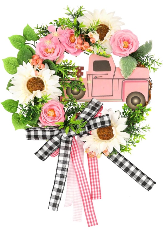 Photo 1 of TYL&TYS Spring Summer Wreaths for Front Door,Pink Car Sunflower Artificial Flower Wreath