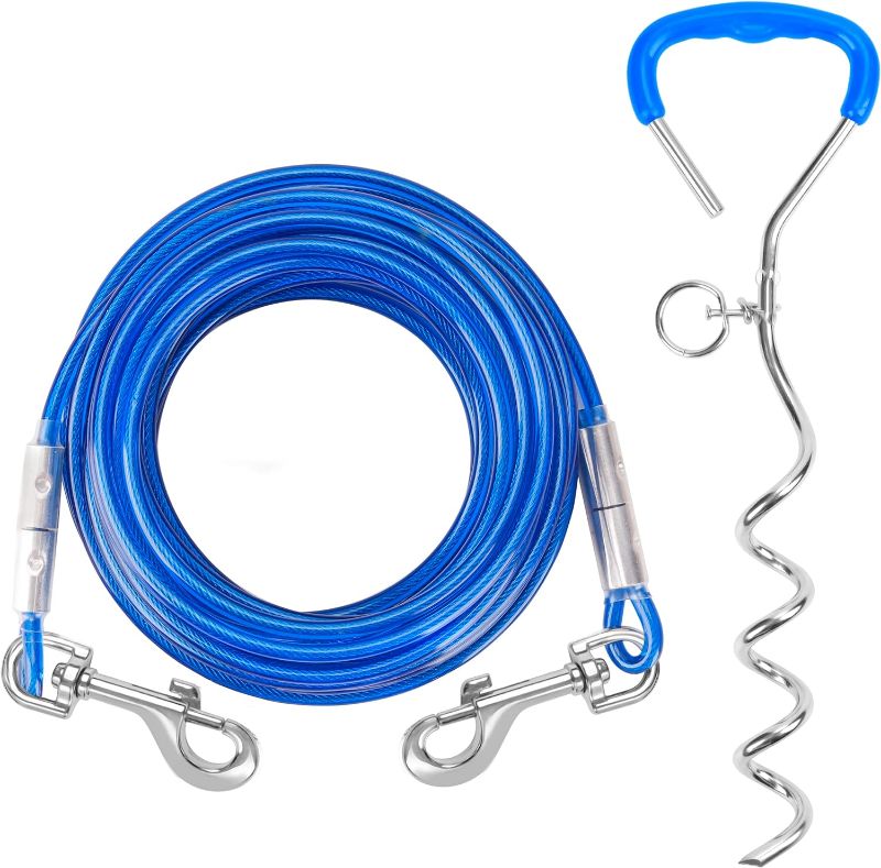 Photo 1 of Dog Tie Out Cable and Stake, 30FT Dog Tether for Yard Up to 60 Pounds, Dog Lead Stake with Reflective Outdoor Leash Cable for Camping Backyard Running?Blue?
