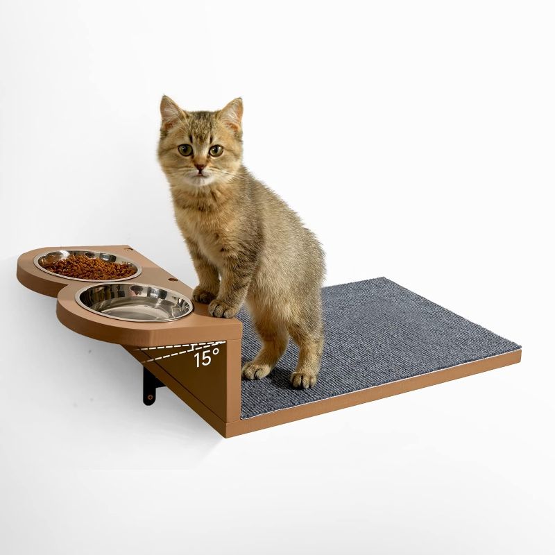 Photo 1 of Cat Feeding Shelf, 15° Tilted Feeding Position, Floating Cat Wall Shelf with Elevated Cat Food Bowls, Wall Mounted Cat Wall Funiture for Eating, Playing, Sleeping & Lounging
