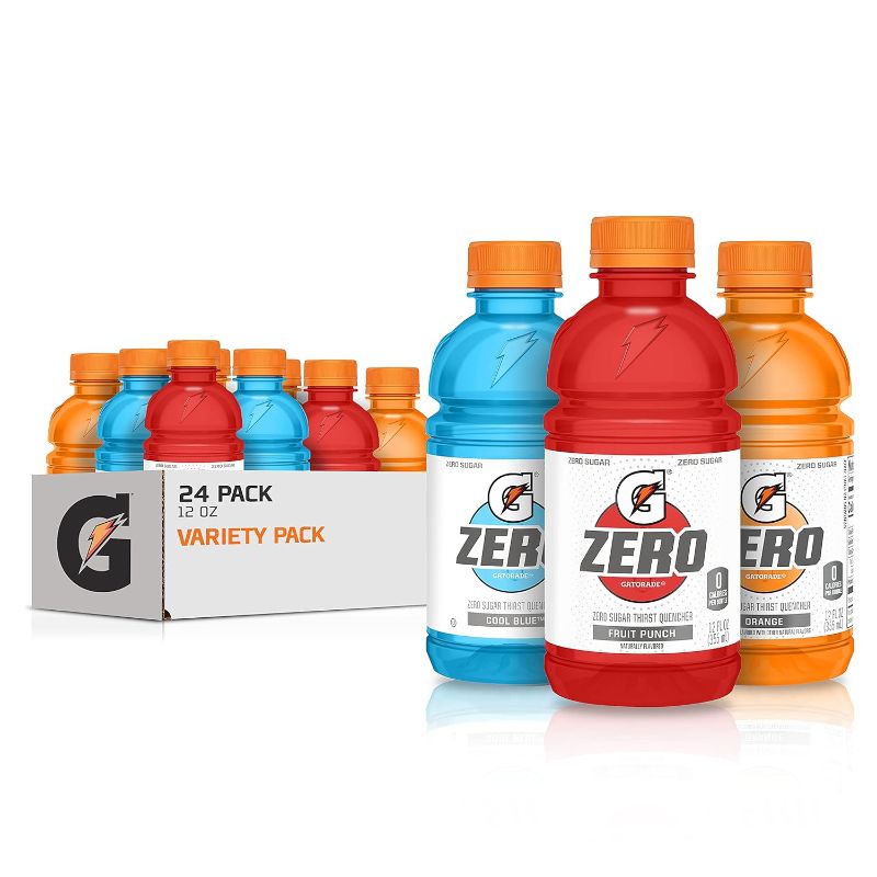 Photo 1 of Gatorade G Zero Thirst Quencher, Fruit Punch Variety Pack, 12oz Bottles (24 Pack),24 Count (Pack of 1)--- best by 05-23-2024
