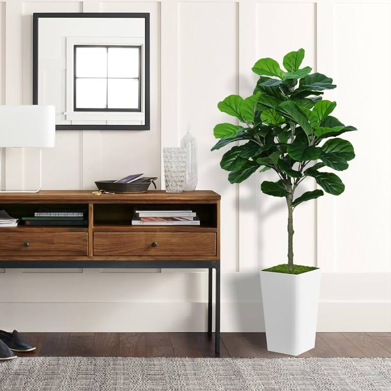 Photo 1 of ASTIDY Fiddle Leaf Fig Tree Artificial 5FT - Faux Fiddle Leaf Fig Tree with White Tall Planter - Fake Ficus Lyrata Floor Plant Potted - Artificial Fig Tree for Home Office Living Room Decor Indoor White Fiddle Leaf Fig