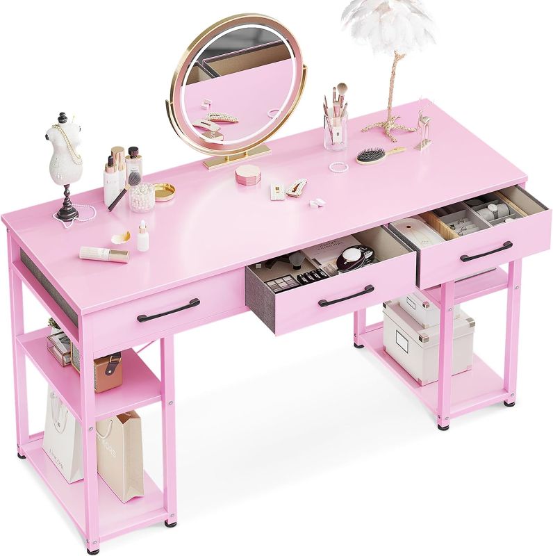 Photo 1 of ODK Vanity Desk with Fabric Drawers & Storage Shelves, Makeup Dressing Table, Home Office Desks for Bedroom, Modern Simple Writing Desk,Pink, 48"x16" (No Mirror
