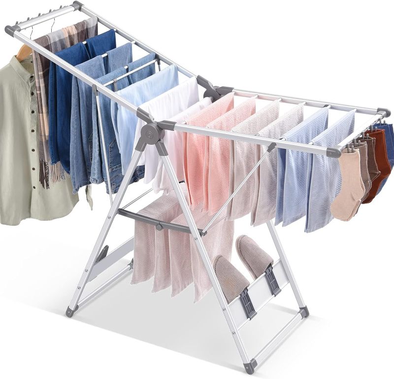 Photo 1 of TOOLF Clothes Drying Rack, Aluminum Foldable 2-Level Drying Racks , Large Laundry Stand with Height-Adjustable Gullwings, Clips Hooks for Bed Linen, Clothing, Socks, Scarves
