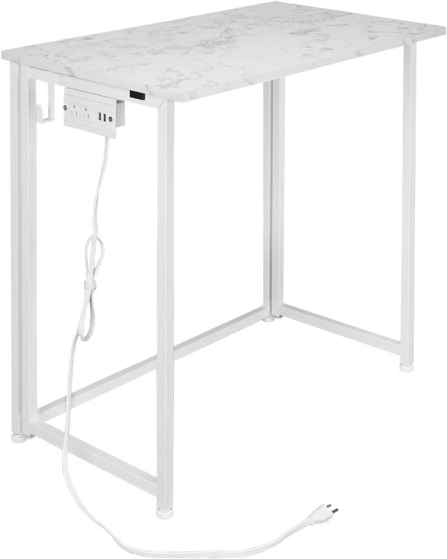 Photo 1 of Folding Computer Desk with Power Outlets for Small Spaces, Space-Saving Home Office Desk, Foldable Computer Table (Marble White)
