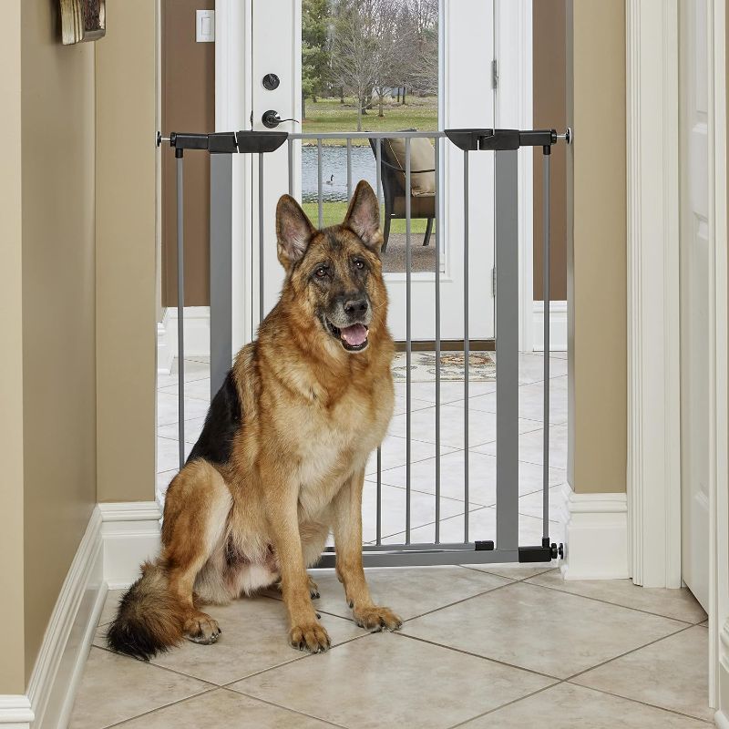Photo 1 of New World Steel Dog Gate, Pressure Mounted Pet Gate Protects Walls & Doorways, No Tool Installation, Dog Gate Measures 39H x 29.5-38W Inches, Light Gray 39-Inch High