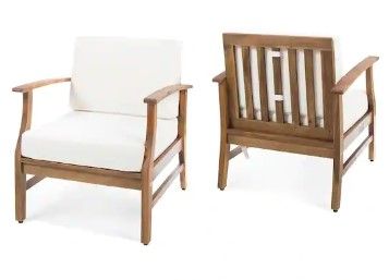 Photo 1 of Teak Finish Acacia Wood Outdoor Lounge Chairs with Cream Cushion (2-Pack)
