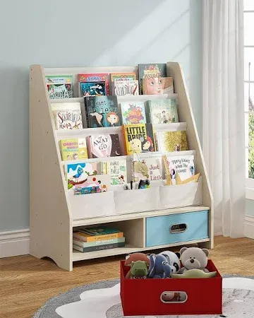 Photo 1 of SEIRIONE Kids Book Rack 4 Sling Bookshelf 2 Cube Bins for Toys Organizer Shelves Beige 27.6x11x34 Inches