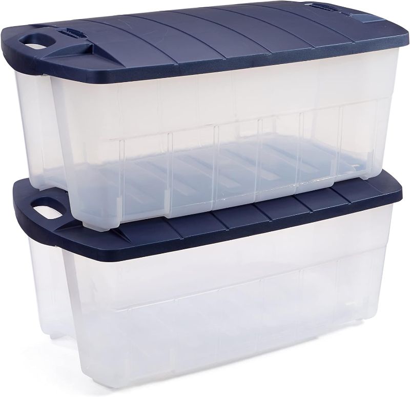 Photo 1 of Rubbermaid 28 Gallon/112 Quart Jumbo Clear Tote, Stackable, Large Capacity, Home, Garage, and Office Storage Organizers, Durable Snap-Tight Lids, Clear Bins/Dark Indigo Metallic Lids, Pack of 2
