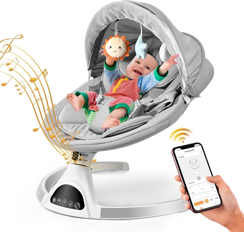 Photo 1 of Baby Swings for Infants - Exclusive App & Bluetooth Electric Baby Swing, Smart Sensor&Timing, 5 Speeds, 12 Preset Lullabies and Back-Up Pillow, Portable Baby Swing for Indoor/Outdoor(Grey)
