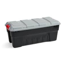Photo 1 of Rubbermaid Pack & Go 16 Gal Storage Tote, Durable Design and Easy to Transport, Built-In Handles, Tie Down Channels and Lockable Snap Tight Lid, Black Base with Gray Lid and Red Handles, Pack of 3

