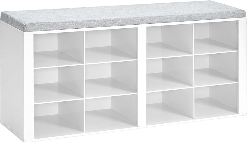 Photo 1 of Shoe Bench with Cushion, Entryway Storage Bench with 12 Cubbies, Cubby Shoe Rack with Adjustable Shelves, Shoe Organizer Cabinet for Living Room, Bedroom, Entryway, White SB19003GY

