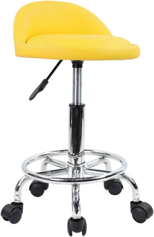 Photo 1 of KKTONER PU Leather Round Rolling Stool with Foot Rest Height Adjustable Swivel Drafting Work SPA Task Chair with Wheels (Yellow)
