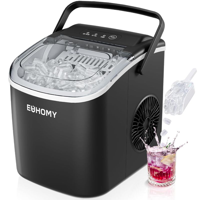 Photo 1 of EUHOMY Countertop Ice Maker Machine with Handle, 26lbs in 24Hrs, 9 Ice Cubes Ready in 6 Mins, Auto-Cleaning Portable Ice Maker with Basket and Scoop, for Home/Kitchen/Camping/RV. (Black)
