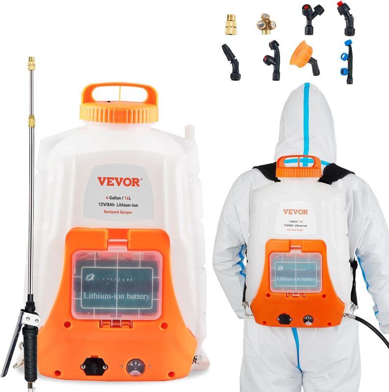 Photo 1 of VEVOR Battery Powered Backpack Sprayer, 0-90 PSI Adjustable Pressure, 4 Gallon Tank, Back Pack Sprayer with 8 Nozzles and 2 Wands, 12V 8Ah Battery, Wide Mouth Lid for Weeding, Spraying, Cleaning
