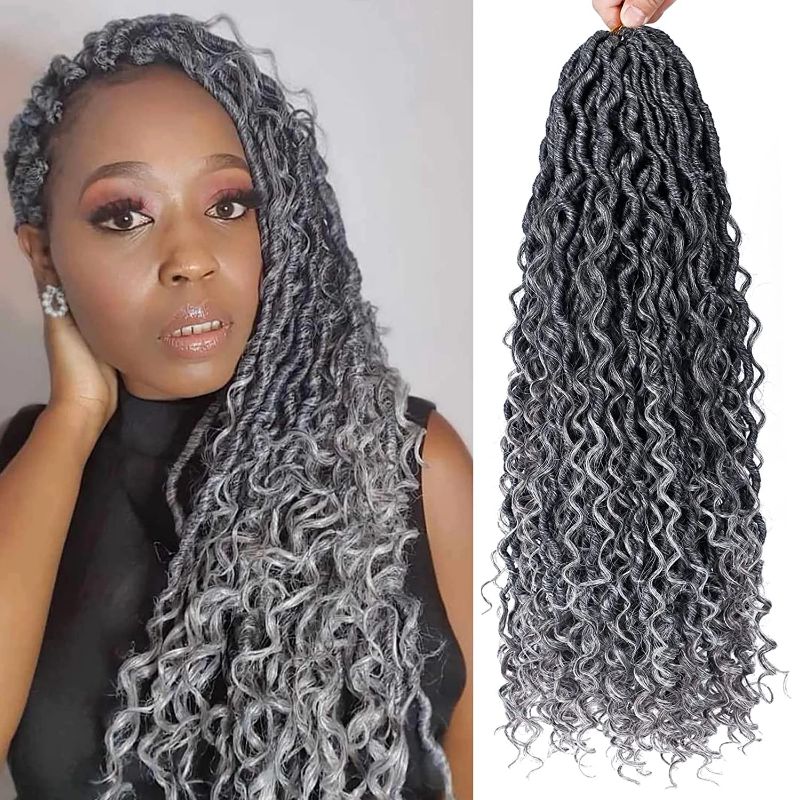 Photo 1 of Faux Locs Crochet Hair 14 Inch Ombre Goddess Locs Crochet Hair for Women Soft River Locs Curly Pre Looped Crochet Braids with Curly Ends Boho Hippie Locs Synthetic Hair Extensions(6 packs, 1b/grey) 