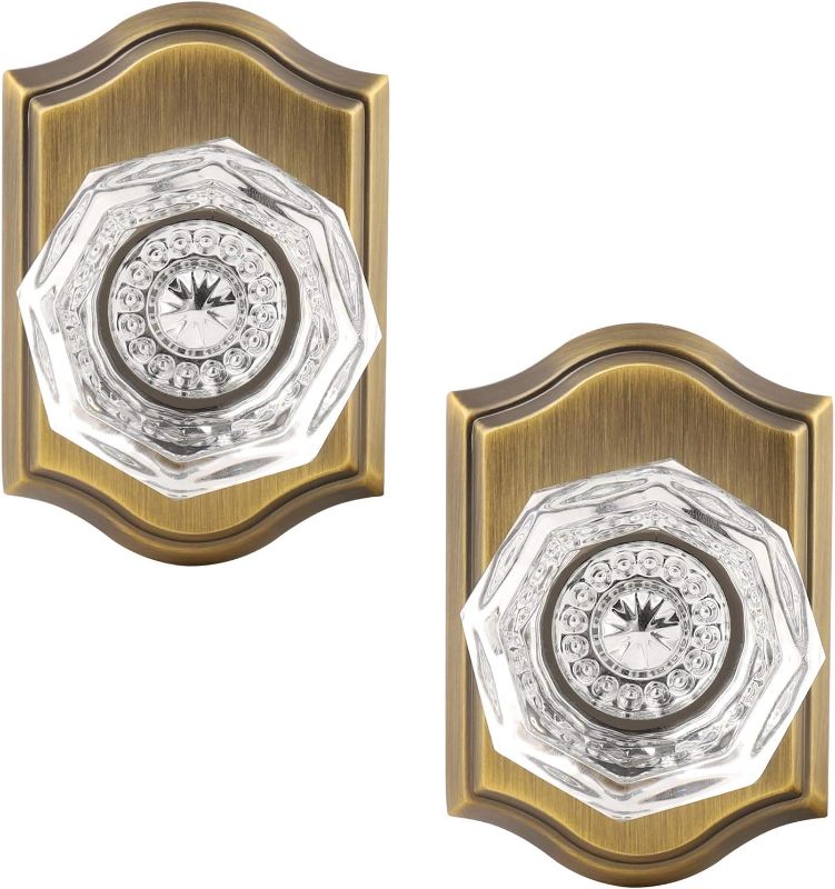Photo 1 of Limited-time deal: Gobrico 2 Pack Clear Crystal Dummy Knobs with Antique Brass Rosette,Single Side Dummy Handles for Left/Right Handed Door,Non-Locking Function Doorknobs,Heavy Duty