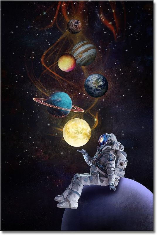 Photo 1 of Space Wall Art Decor Planet Astronaut Painting Pictures Print On Canvas, Galaxy Stars Framed Canvas Wall Art for Home Decoration Living Room Bedroom Artwork
