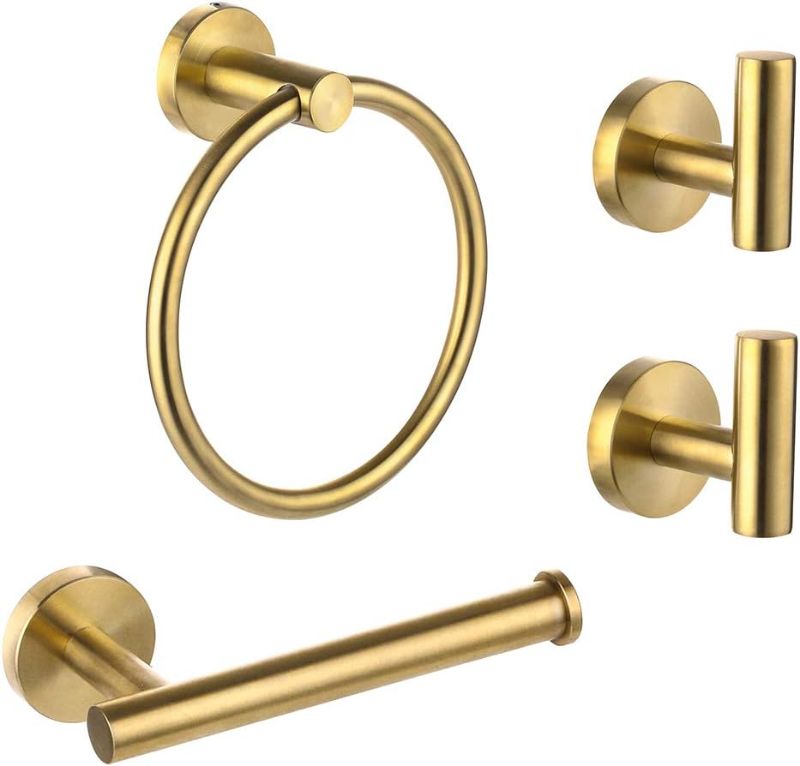 Photo 1 of Ntipox 4 Piece Brushed Gold Stainless Steel Bathroom Hardware Set Include Hand Towel Ring, Toilet Paper Holder,and 2 Robe Towel Hooks,Bathroom Accessories Kit

