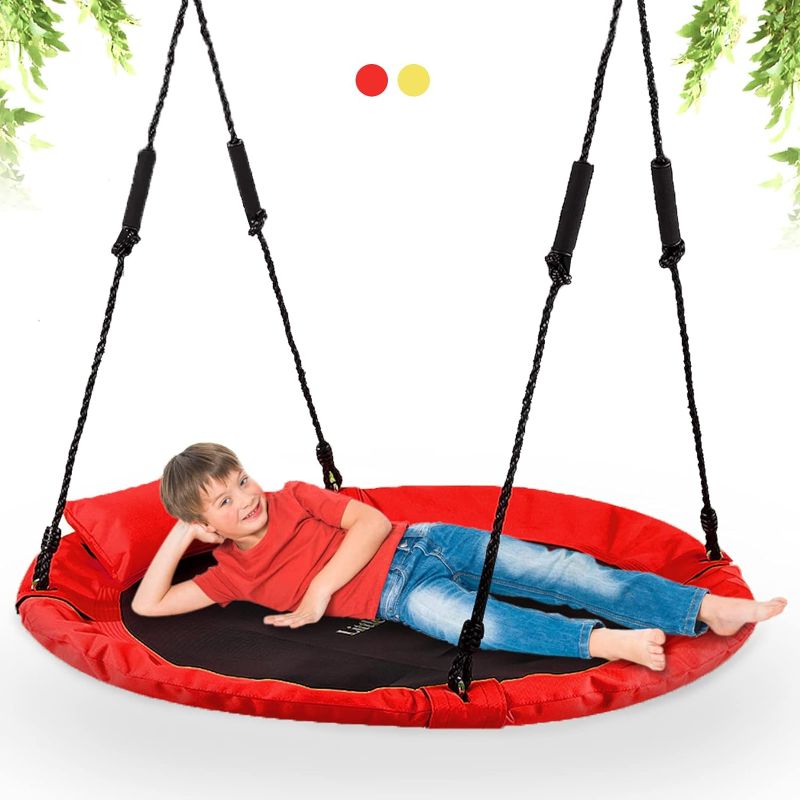 Photo 1 of LITTLELOGIQ Saucer Tree Swing for Kids, 40 Inch Outdoor Swing Sets for Backyard, Round Flying Swing Seat with 2 Hanging Straps, 700lb Capacity, Adjustable Ropes, Gift for Adults, Boys, Girls - Red
