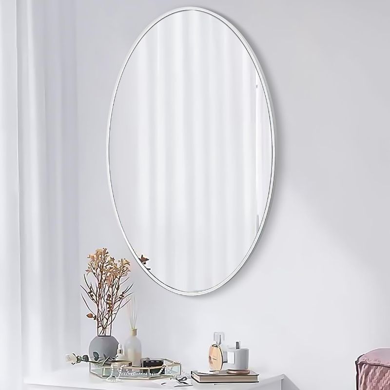 Photo 1 of SCWF-GZ 20x30 Oval Mirror Round Full Length Wall Mounted Hanging or Against Wall Metal Frame Dressing Make-up Mirrors for Entryway Bedroom Bathroom Living Room 30 20 inch Silver
