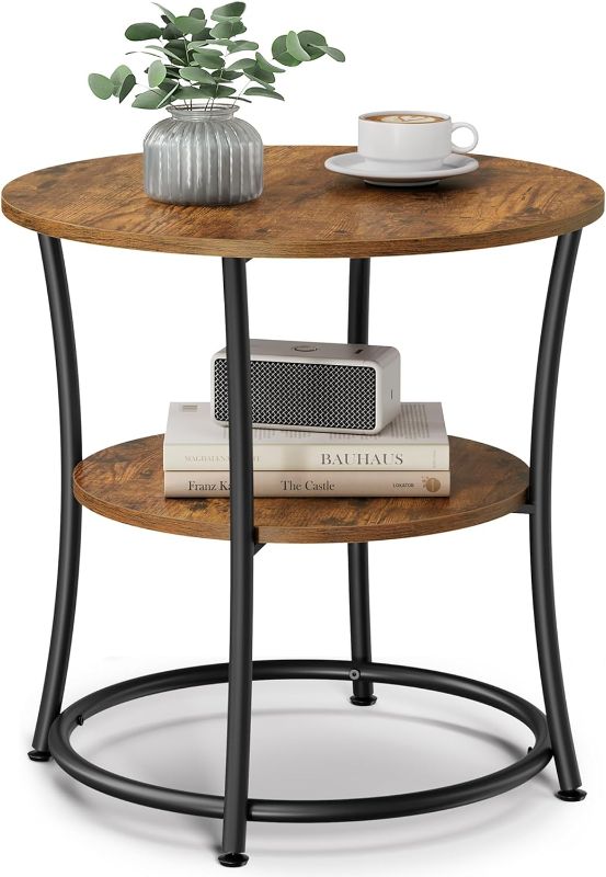 Photo 1 of VASAGLE Side Table, Round End Table with 2 Shelves for Living Room, Bedroom, Nightstand with Steel Frame for Small Spaces, Outdoor Accent Coffee Table, Rustic Brown and Black
