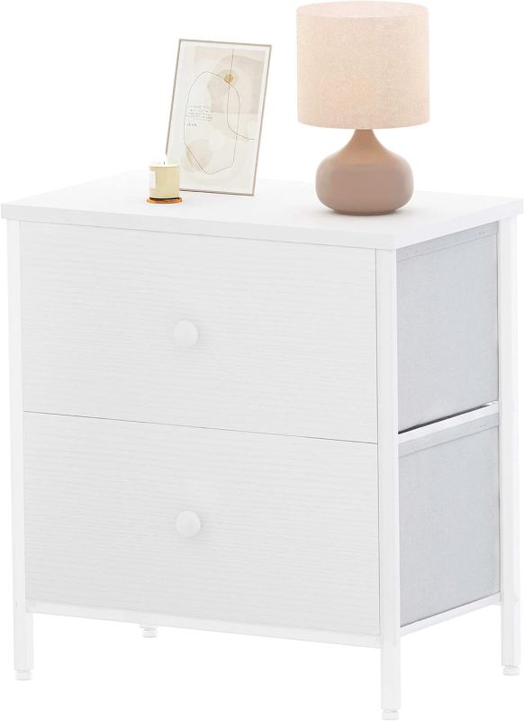 Photo 1 of BOLUO White Nightstand with Drawer Dresser for Bedroom Nightstands,Night Stand and Dressers Sets End Table with 2 Fabric Drawers Organizer Modern

