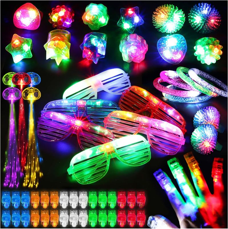 Photo 1 of 78PCs LED Light Up Toy Party Favors/Supplies Bulk Glow In The Dark For Adult Kids Birthday Halloween With 50 Finger Light, 12 Jelly Ring, 6 Flashing Glasses, 5 Bracelet, 5 Fiber Optic Hair Light
