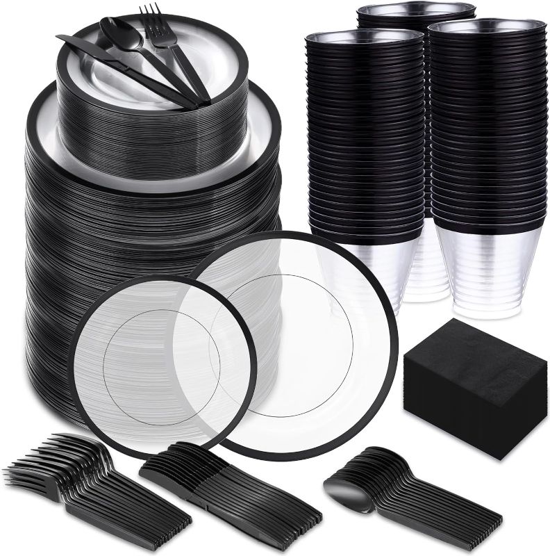 Photo 1 of Norme 600 Pcs Disposable Plastic Dinnerware Set, 100 Clear Plastic Plates, 100 Cups, 100 Knives, 100 Forks, 100 Spoons, 100 Napkins, Party Plates Set for Wedding Birthday Graduation(Black)
