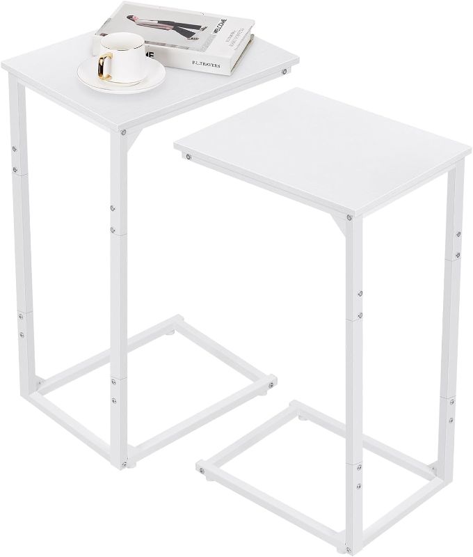 Photo 1 of Nandae C Shaped End Table Set of 2, Rustic Tray Side Table Bedside Table with Metal Frame for Laptop, Snack, Sofa Couch, Bed Living Room Bedroom, White
