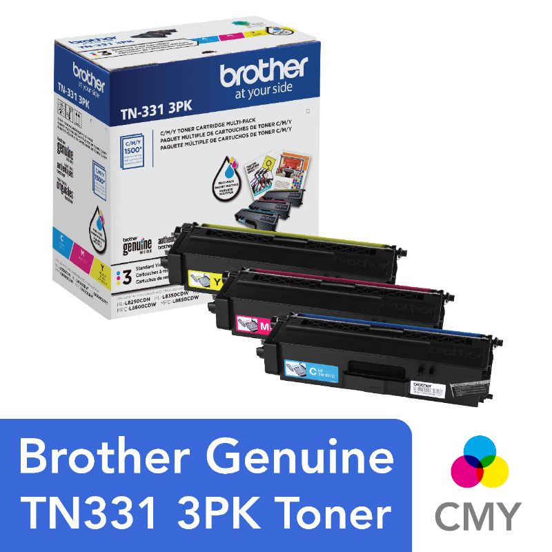 Photo 1 of Brother TN-331 Cyan/Magenta/Yellow Standard Yield Toner Cartridge, up to 1,500 Pages, 3/Pack (TN3313PK)
